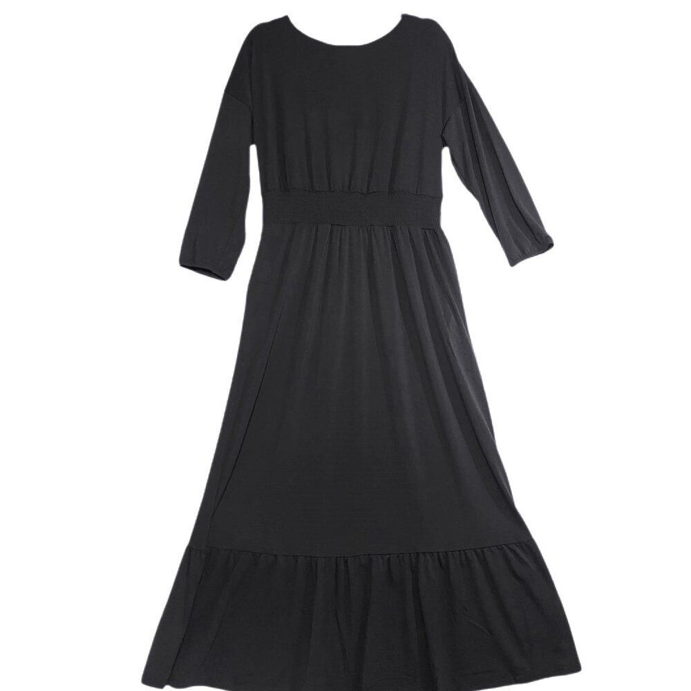 NEW S LuLaRoe Evelyn Smocked Waist Maxi Dress Midi 3/4 Long Sleeve Black Solid